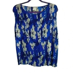 Joie Plus Size 1X Tank Top Floral Print Pleated Blue And Cream Boat Neck Texture